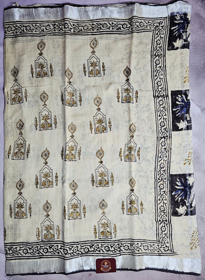 Ivory Linen Cotton Saree with Golden Lotus Motifs, Black Floral Borders & Navy Floral Accents