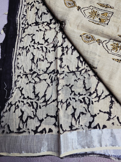 Ivory Linen Cotton Saree with Golden Lotus Motifs, Black Floral Borders & Navy Floral Accents