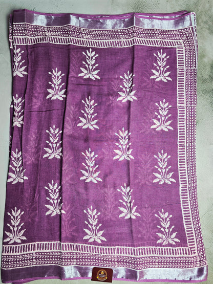 Plum Purple Linen Cotton Saree with Ivory Floral Sprigs & Geometric Border