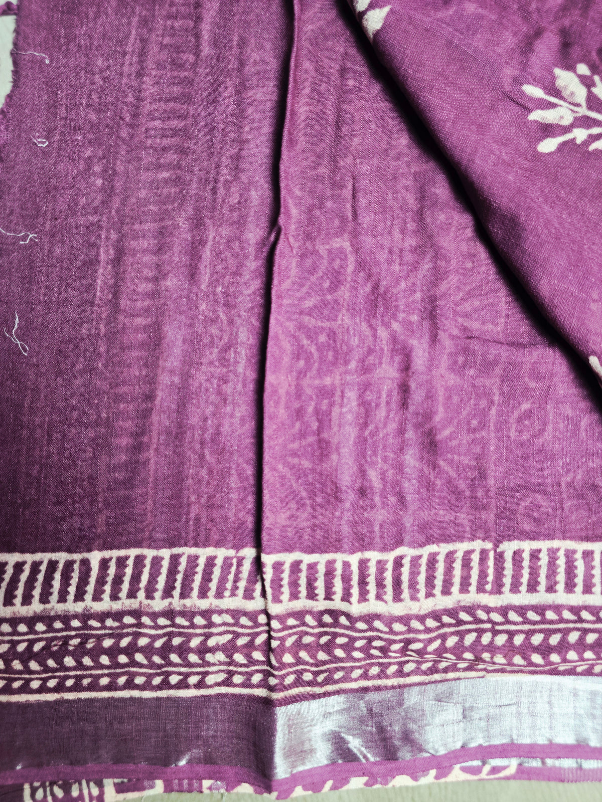 Plum Purple Linen Cotton Saree with Ivory Floral Sprigs & Geometric Border