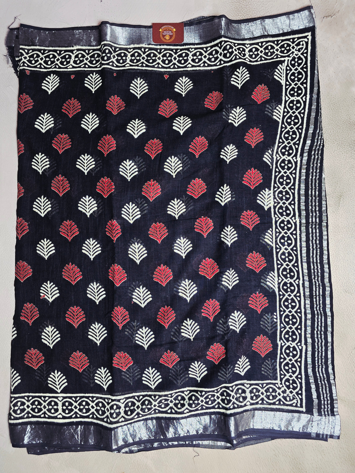 Indigo Black Linen Cotton Saree with Coral & Ivory Leaf Motifs and Intricate Border