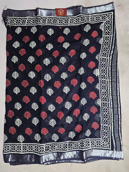Indigo Black Linen Cotton Saree with Coral & Ivory Leaf Motifs and Intricate Border