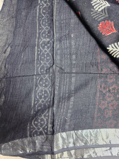 Indigo Black Linen Cotton Saree with Coral & Ivory Leaf Motifs and Intricate Border