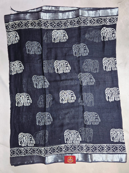Indigo Linen Cotton Saree with Ivory Elephant Motifs & Geometric Border