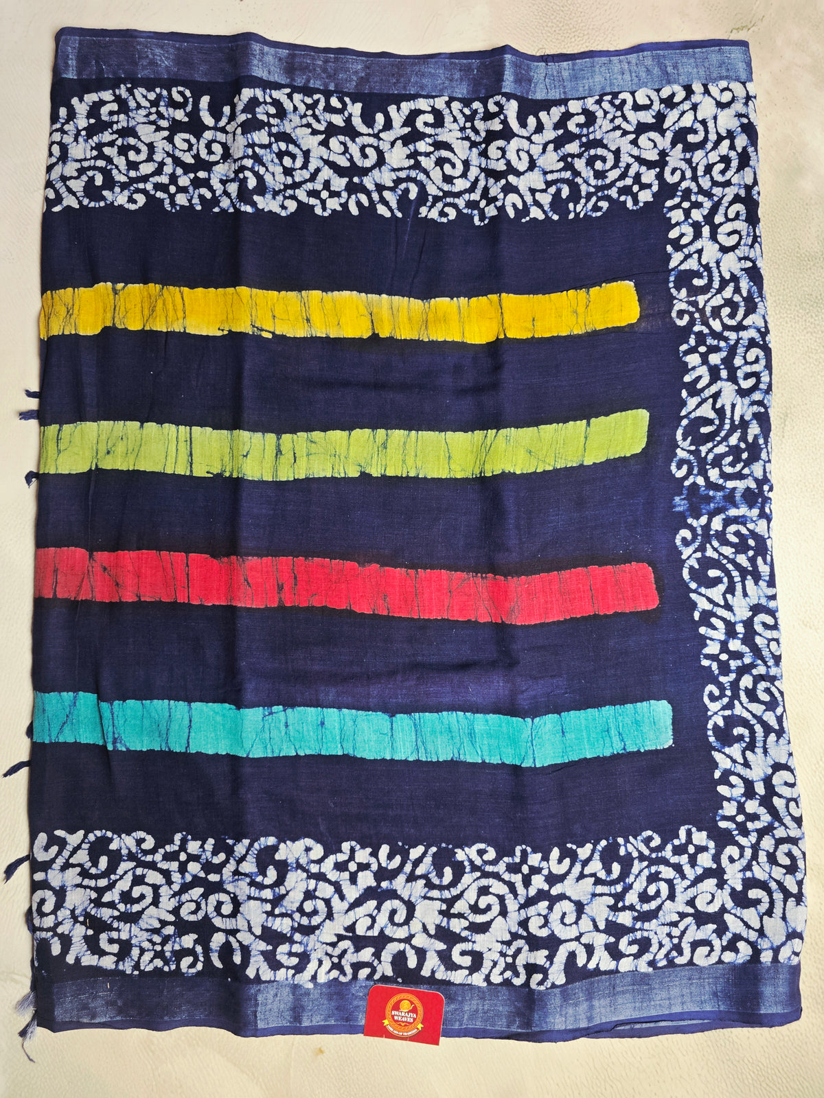 Indigo Linen Cotton Saree with Multicolour Brushstroke Stripes & Floral Vine Border