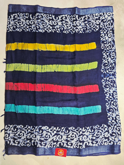 Indigo Linen Cotton Saree with Multicolour Brushstroke Stripes & Floral Vine Border