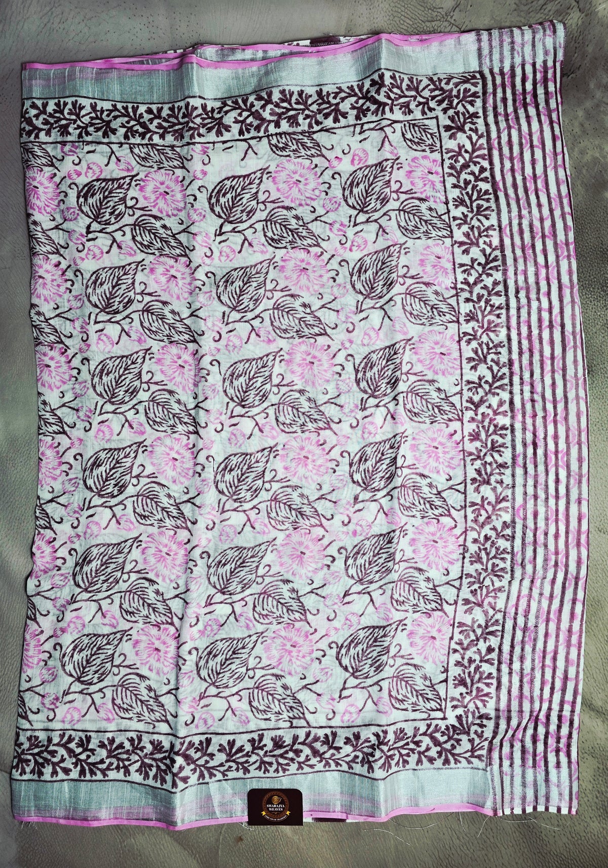 Mint Aqua Linen Cotton Saree with Pink Chrysanthemum & Maroon Leaf Floral Motifs