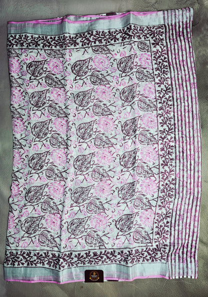 Mint Aqua Linen Cotton Saree with Pink Chrysanthemum & Maroon Leaf Floral Motifs