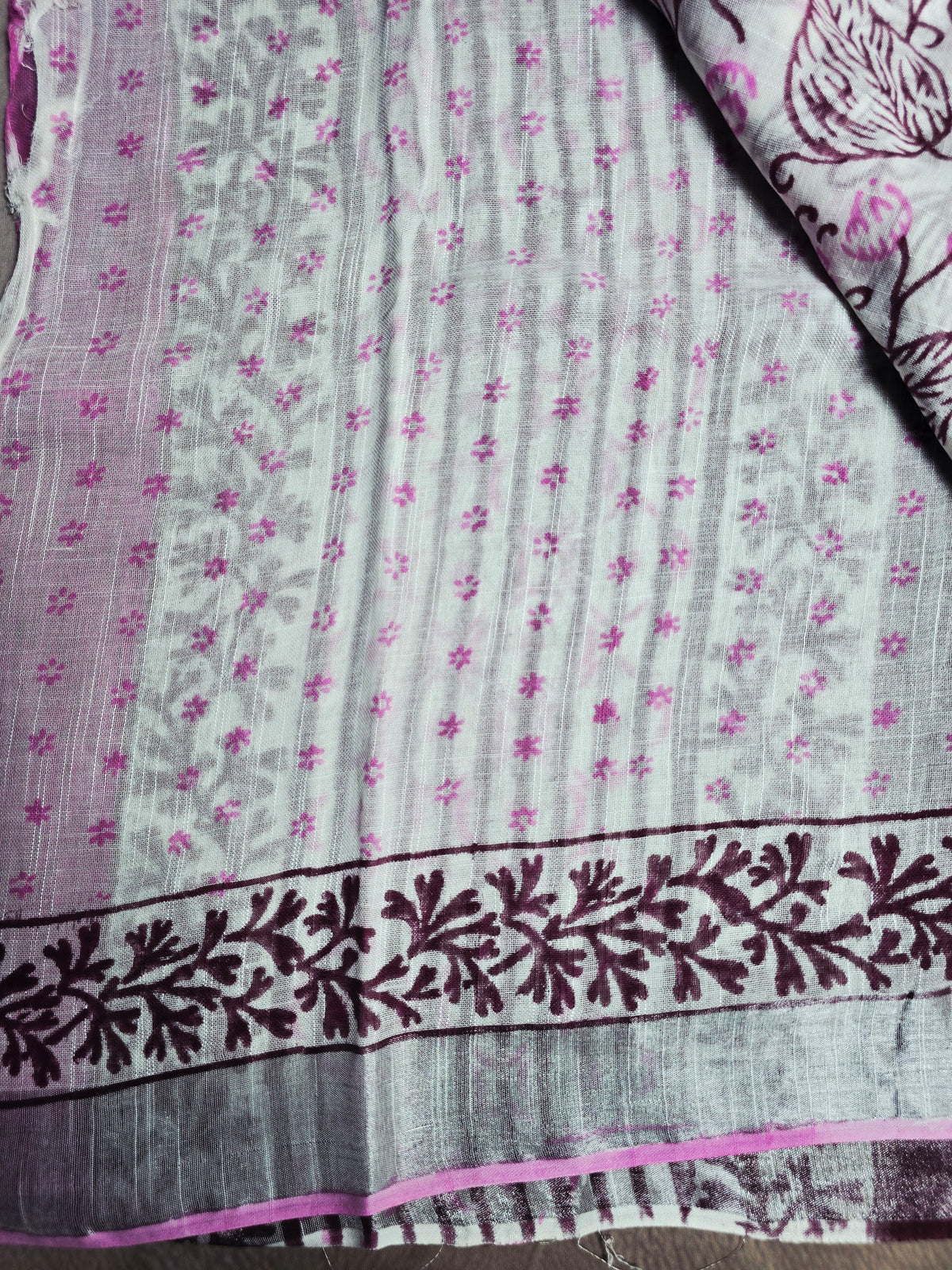 Mint Aqua Linen Cotton Saree with Pink Chrysanthemum & Maroon Leaf Floral Motifs
