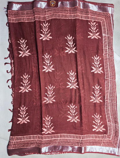 Burgundy Linen Cotton Saree with Blush Pink Botanical Motifs & Traditional Border