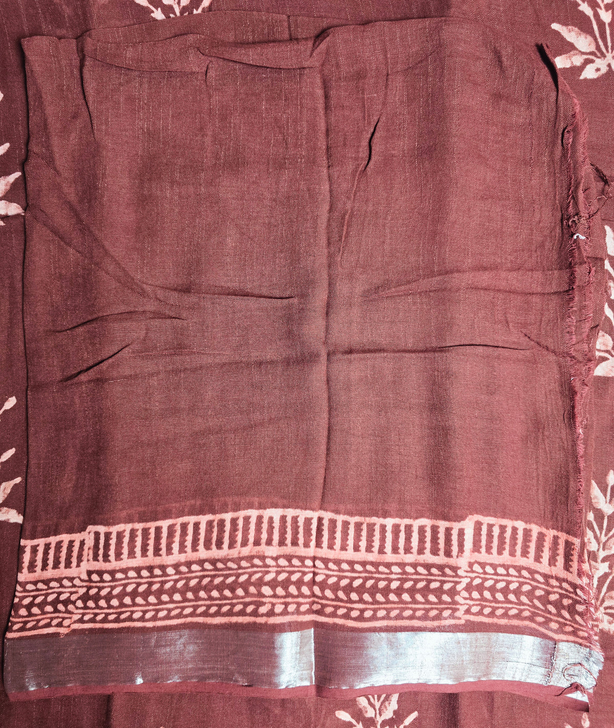 Burgundy Linen Cotton Saree with Blush Pink Botanical Motifs & Traditional Border