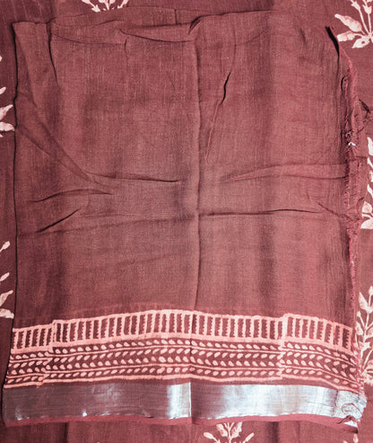 Burgundy Linen Cotton Saree with Blush Pink Botanical Motifs & Traditional Border