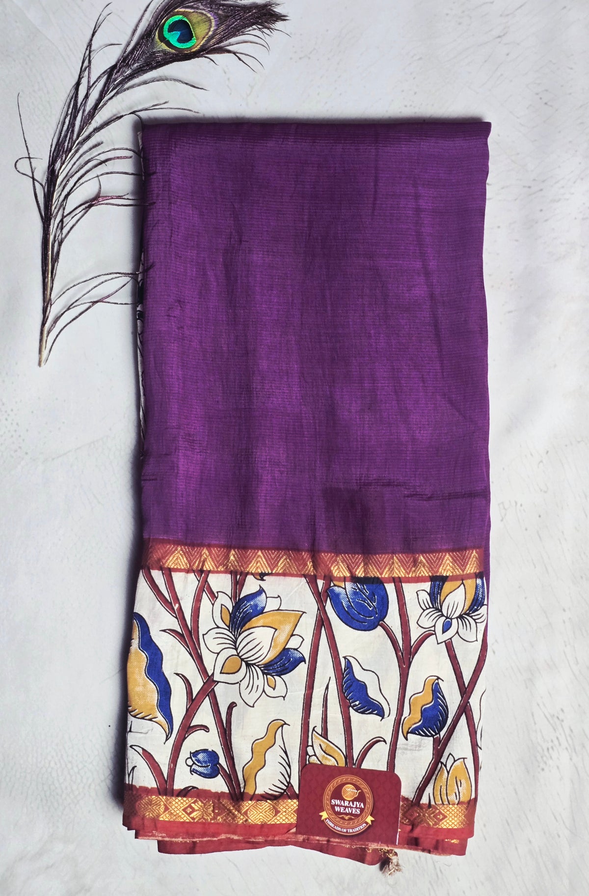 Plum Purple Mangalagiri Silk Kalamkari Saree with Floral Handcrafted Border & Zari Accents