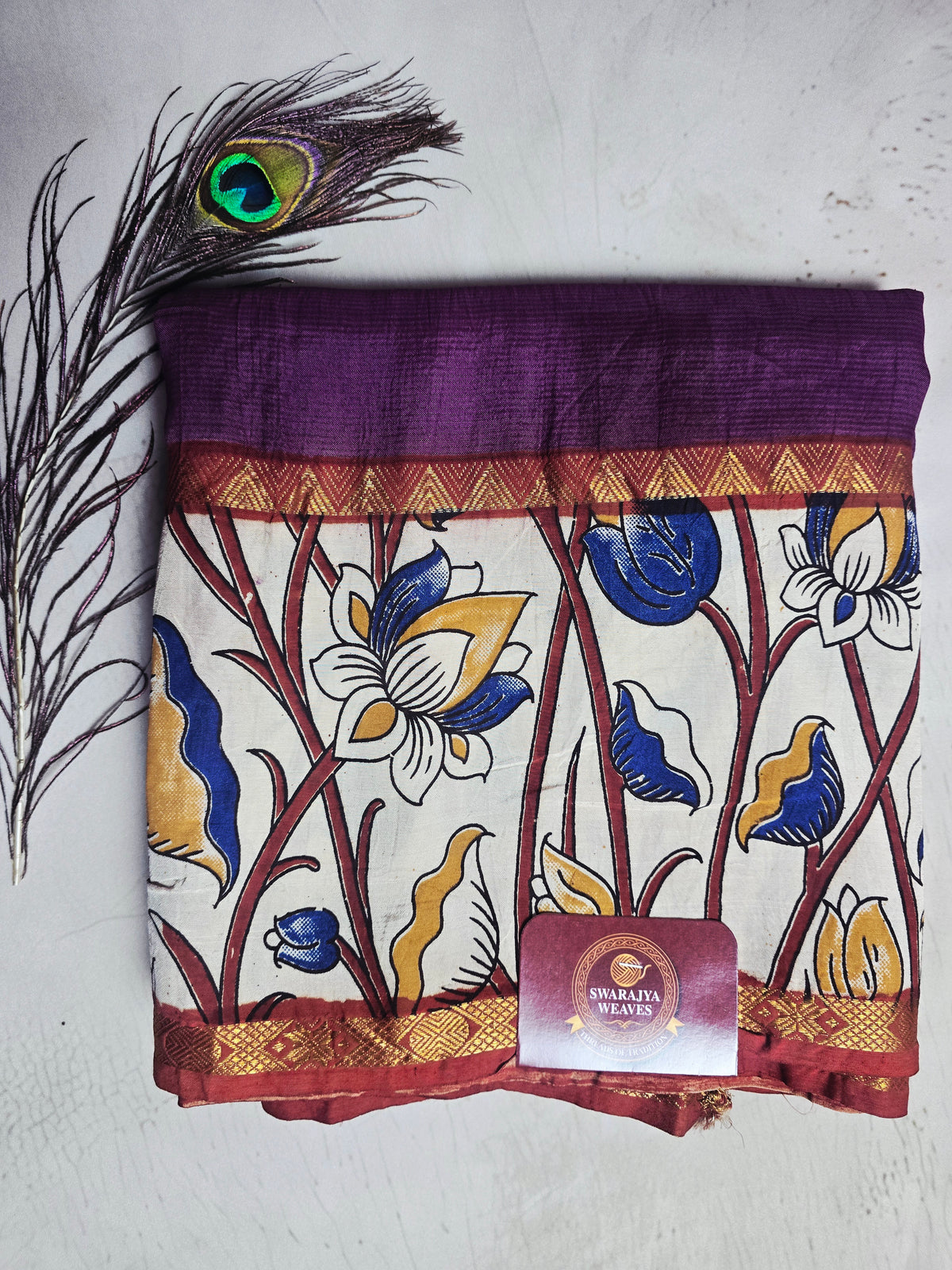 Plum Purple Mangalagiri Silk Kalamkari Saree with Floral Handcrafted Border & Zari Accents