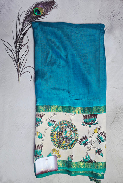 Peacock Teal Mangalagiri Silk Kalamkari Saree with Traditional Peacock & Lotus Border