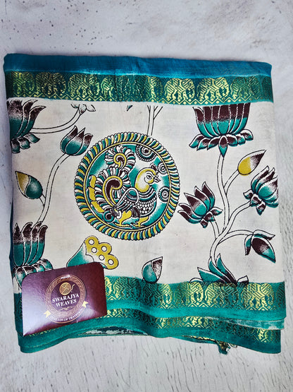 Peacock Teal Mangalagiri Silk Kalamkari Saree with Traditional Peacock & Lotus Border
