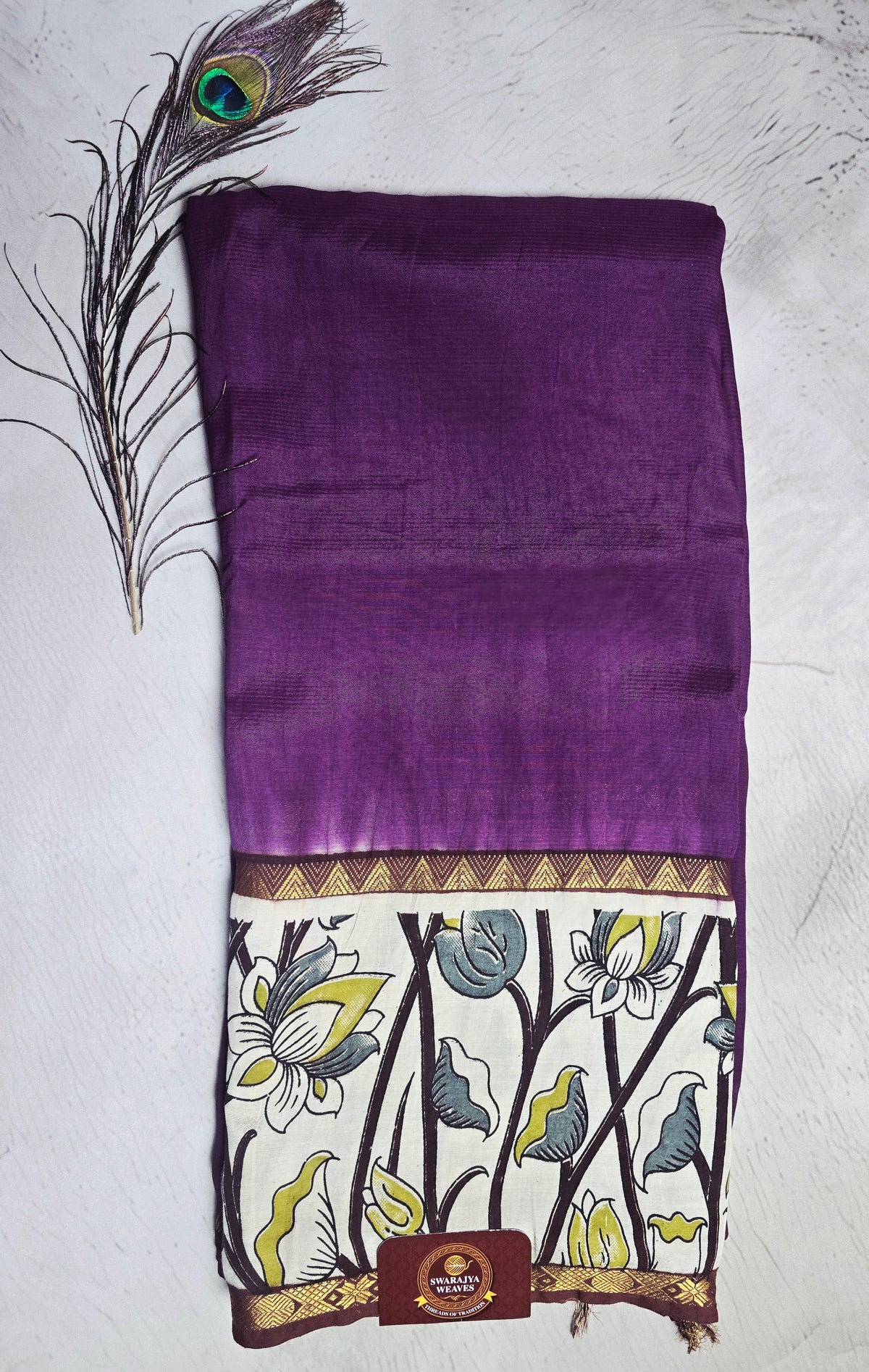 Deep Plum Mangalagiri Silk Kalamkari Saree with Botanical Floral Border & Zari Detailing