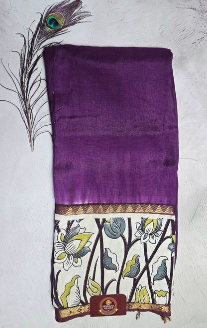 Deep Plum Mangalagiri Silk Kalamkari Saree with Botanical Floral Border & Zari Detailing