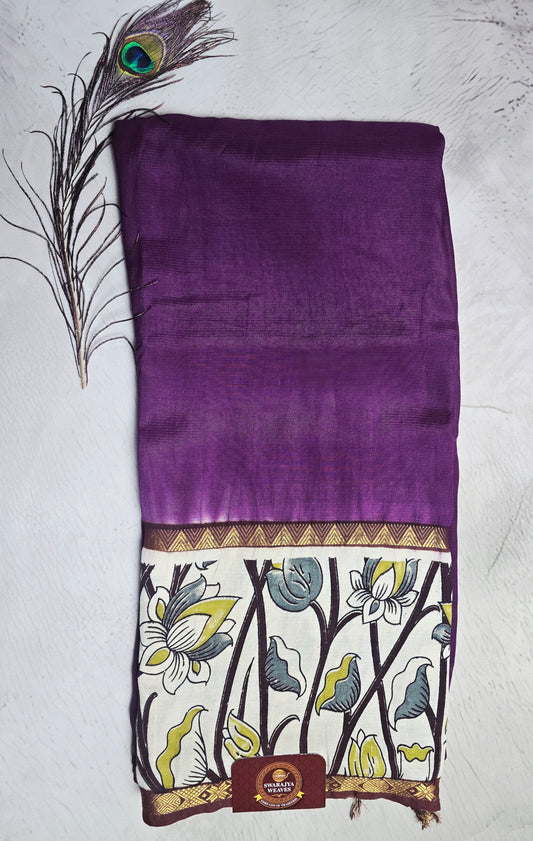 Deep Plum Mangalagiri Silk Kalamkari Saree with Botanical Floral Border & Zari Detailing