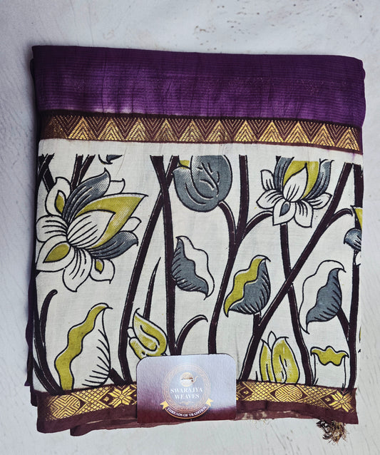 Deep Plum Mangalagiri Silk Kalamkari Saree with Botanical Floral Border & Zari Detailing