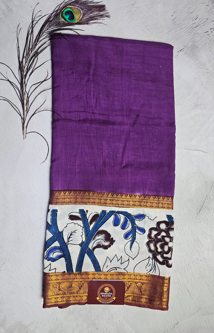 Royal Purple Mangalagiri Silk Kalamkari Saree with Floral Vine Border & Antique Zari Detailing