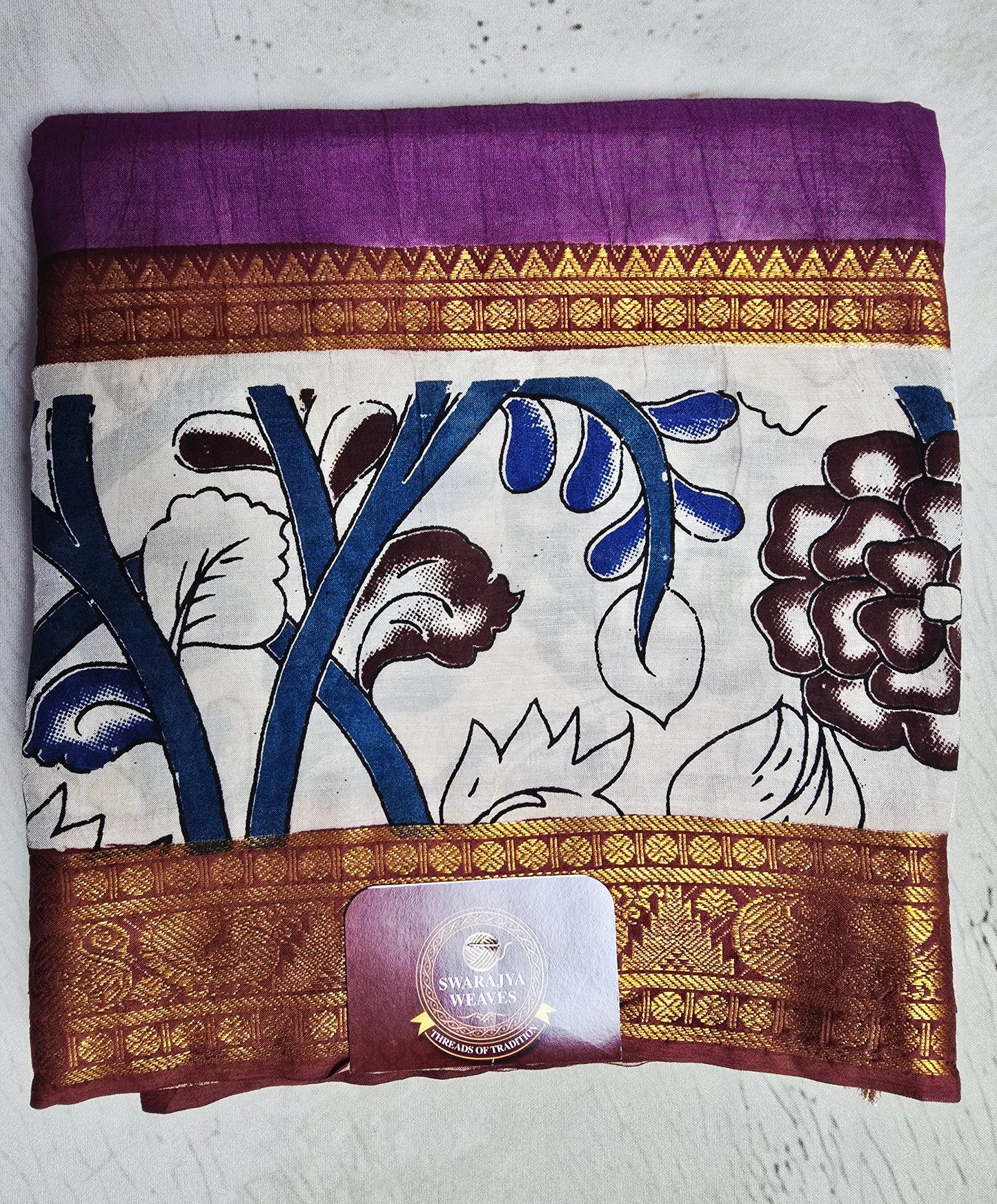 Royal Purple Mangalagiri Silk Kalamkari Saree with Floral Vine Border & Antique Zari Detailing