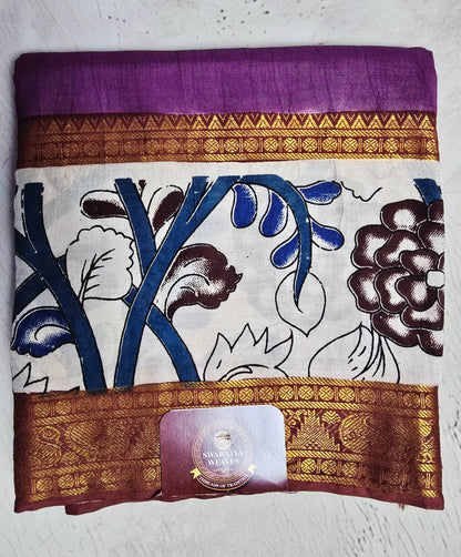 Royal Purple Mangalagiri Silk Kalamkari Saree with Floral Vine Border & Antique Zari Detailing