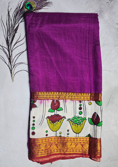 Berry Purple Mangalagiri Silk Kalamkari Saree with Lotus Motifs & Rich Antique Zari Border
