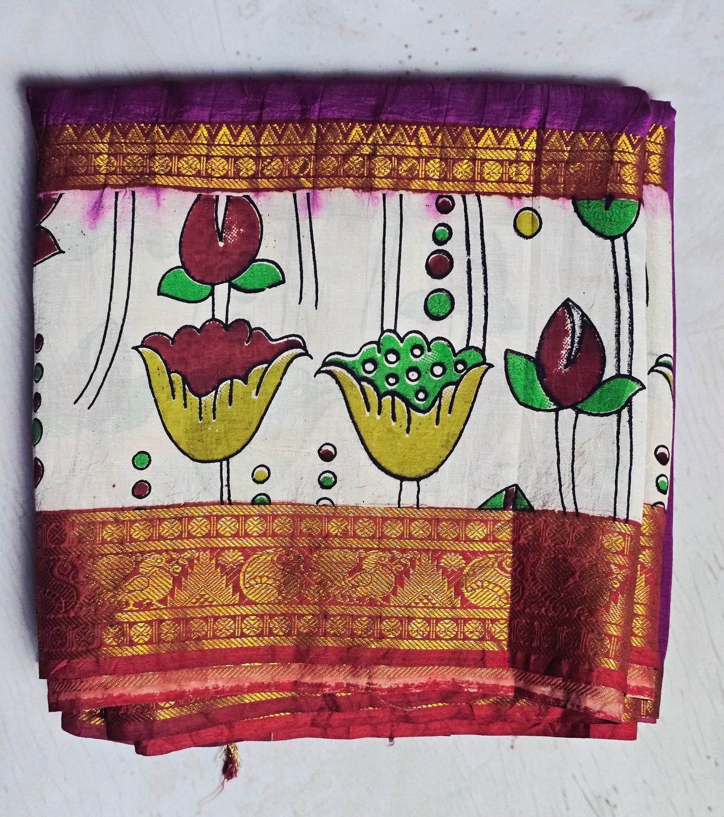 Berry Purple Mangalagiri Silk Kalamkari Saree with Lotus Motifs & Rich Antique Zari Border