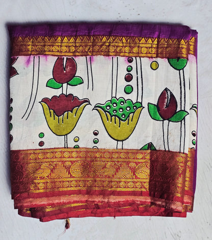 Berry Purple Mangalagiri Silk Kalamkari Saree with Lotus Motifs & Rich Antique Zari Border