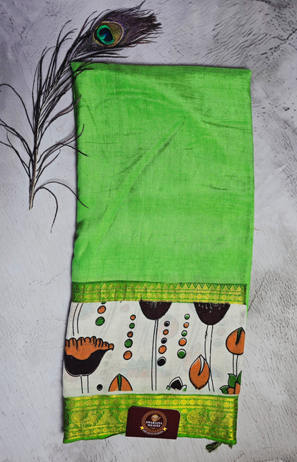 Lime Green Mangalagiri Silk Kalamkari Saree with Floral Motif Panel & Antique Gold Zari Border