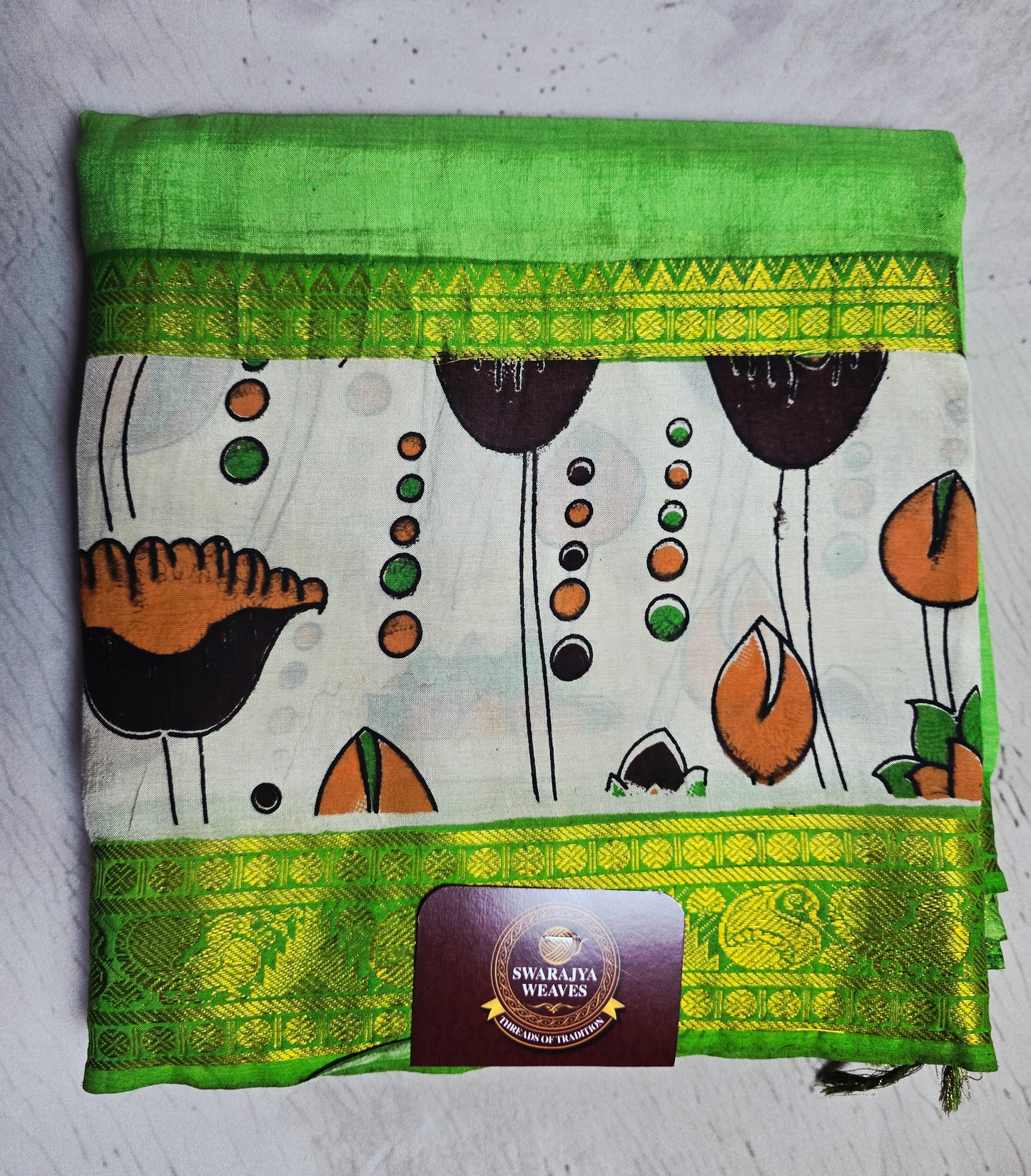 Lime Green Mangalagiri Silk Kalamkari Saree with Floral Motif Panel & Antique Gold Zari Border
