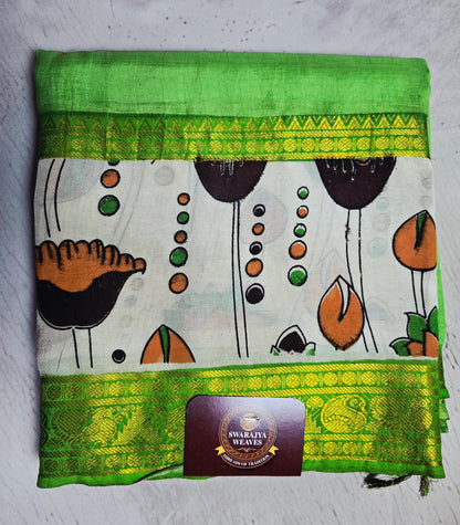 Lime Green Mangalagiri Silk Kalamkari Saree with Floral Motif Panel & Antique Gold Zari Border