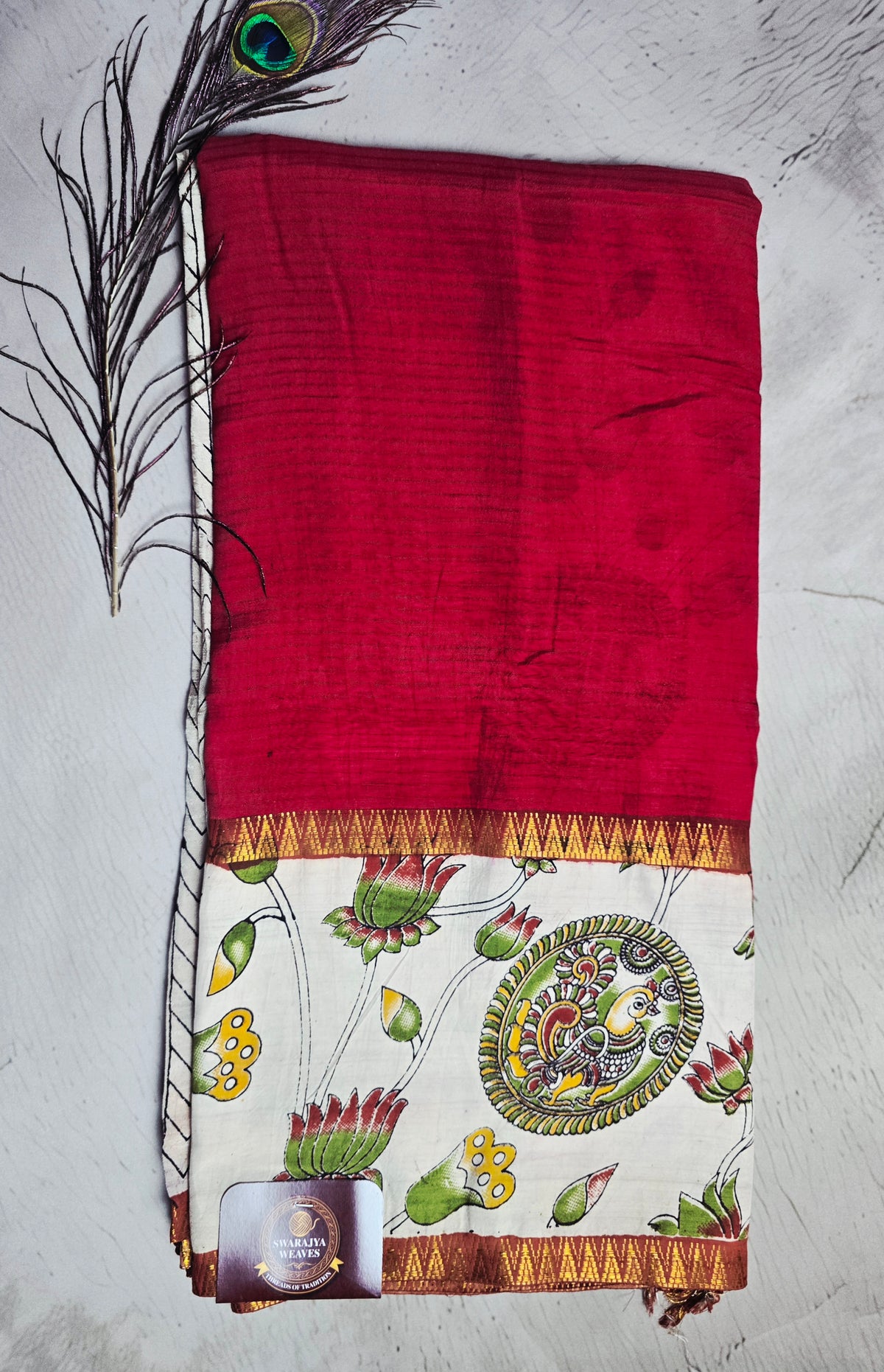 Crimson Red Mangalagiri Silk Kalamkari Saree with Peacock Medallion & Lotus Motifs