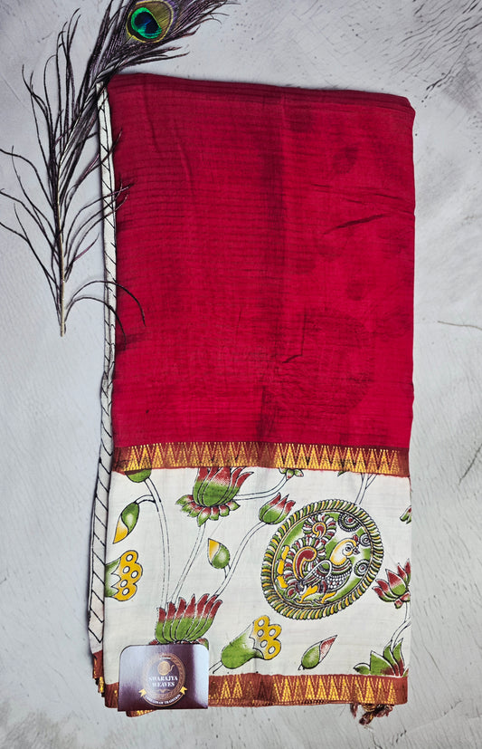 Crimson Red Mangalagiri Silk Kalamkari Saree with Peacock Medallion & Lotus Motifs