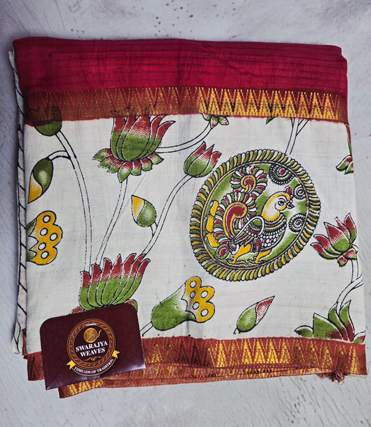 Crimson Red Mangalagiri Silk Kalamkari Saree with Peacock Medallion & Lotus Motifs