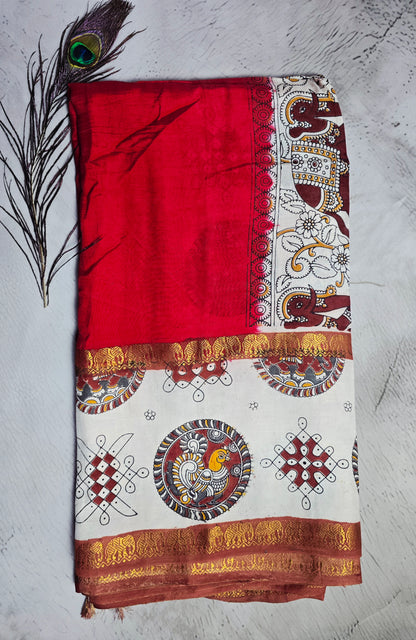 Vermilion Red Mangalagiri Silk Kalamkari Saree with Elephant Motifs, Peacock Medallion & Zari Border