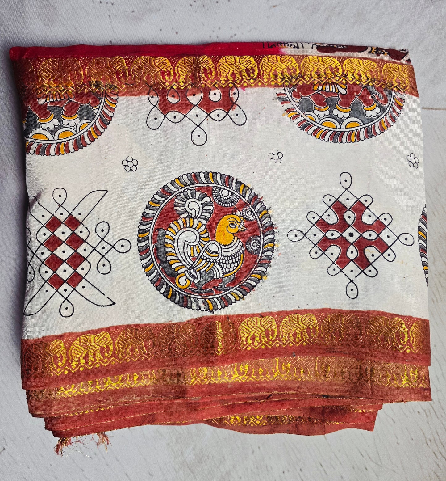Vermilion Red Mangalagiri Silk Kalamkari Saree with Elephant Motifs, Peacock Medallion & Zari Border