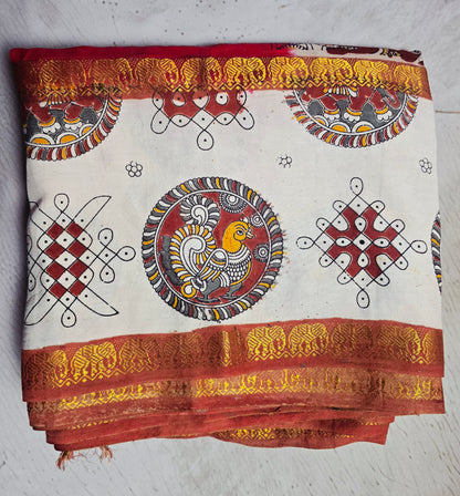 Vermilion Red Mangalagiri Silk Kalamkari Saree with Elephant Motifs, Peacock Medallion & Zari Border