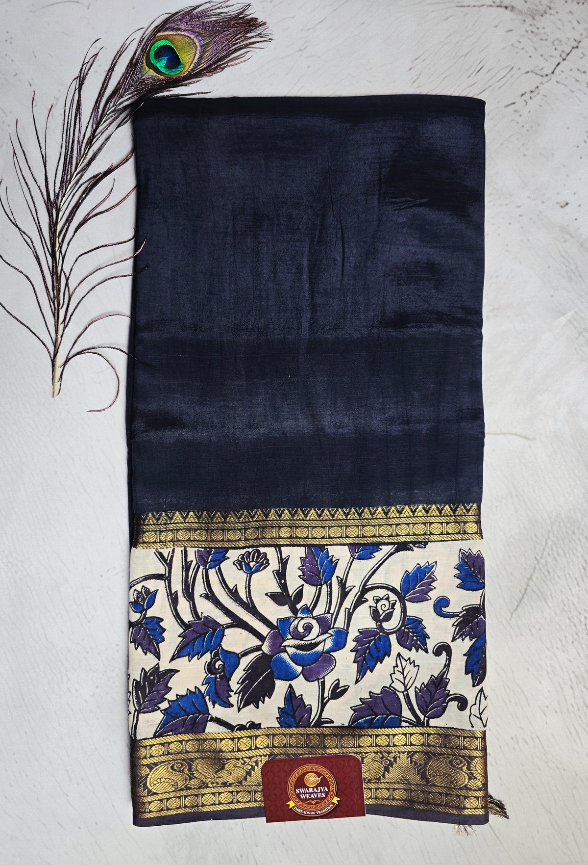 Midnight Navy Mangalagiri Silk Kalamkari Saree with Blue-Purple Floral Vines & Antique Zari Border