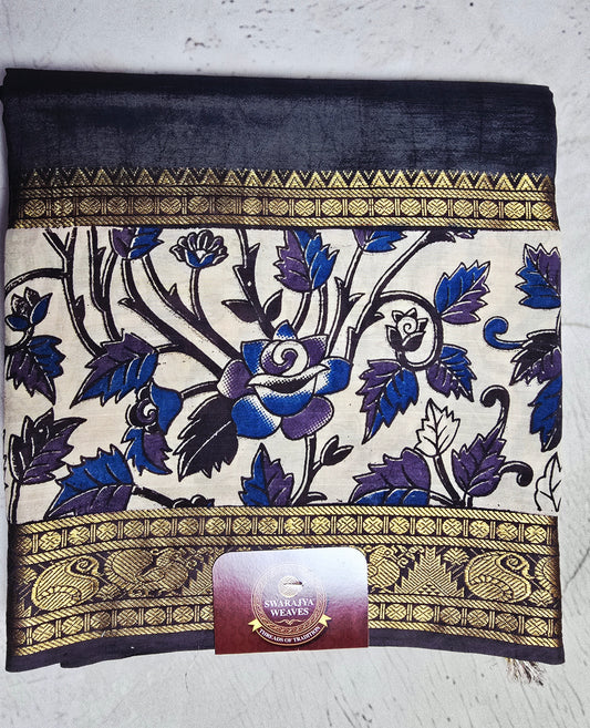 Midnight Navy Mangalagiri Silk Kalamkari Saree with Blue-Purple Floral Vines & Antique Zari Border