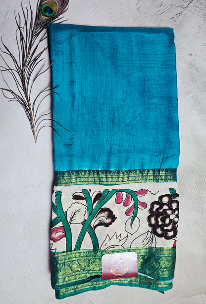 Turquoise Teal Mangalagiri Silk Kalamkari Saree with Pink Floral Vines & Green Zari Border