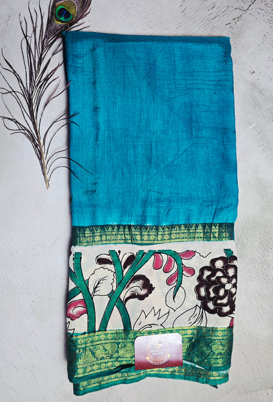 Turquoise Teal Mangalagiri Silk Kalamkari Saree with Pink Floral Vines & Green Zari Border