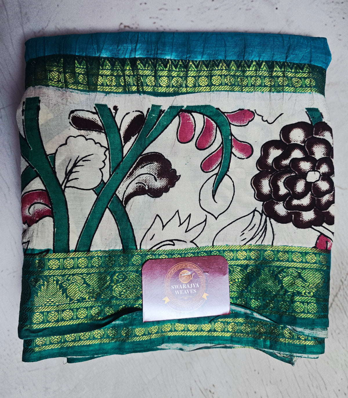 Turquoise Teal Mangalagiri Silk Kalamkari Saree with Pink Floral Vines & Green Zari Border