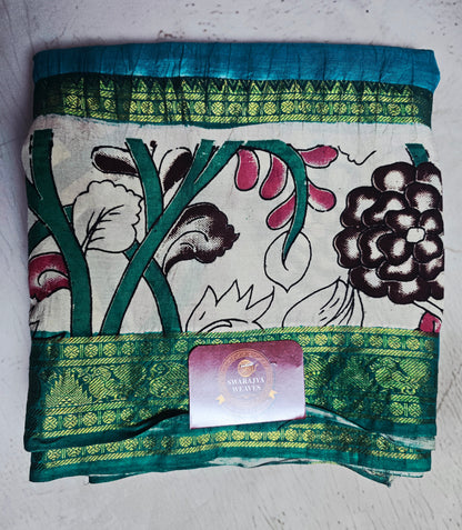 Turquoise Teal Mangalagiri Silk Kalamkari Saree with Pink Floral Vines & Green Zari Border