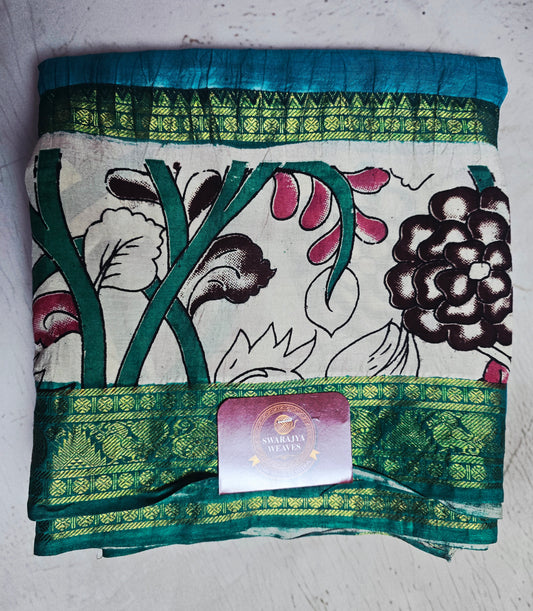 Turquoise Teal Mangalagiri Silk Kalamkari Saree with Pink Floral Vines & Green Zari Border