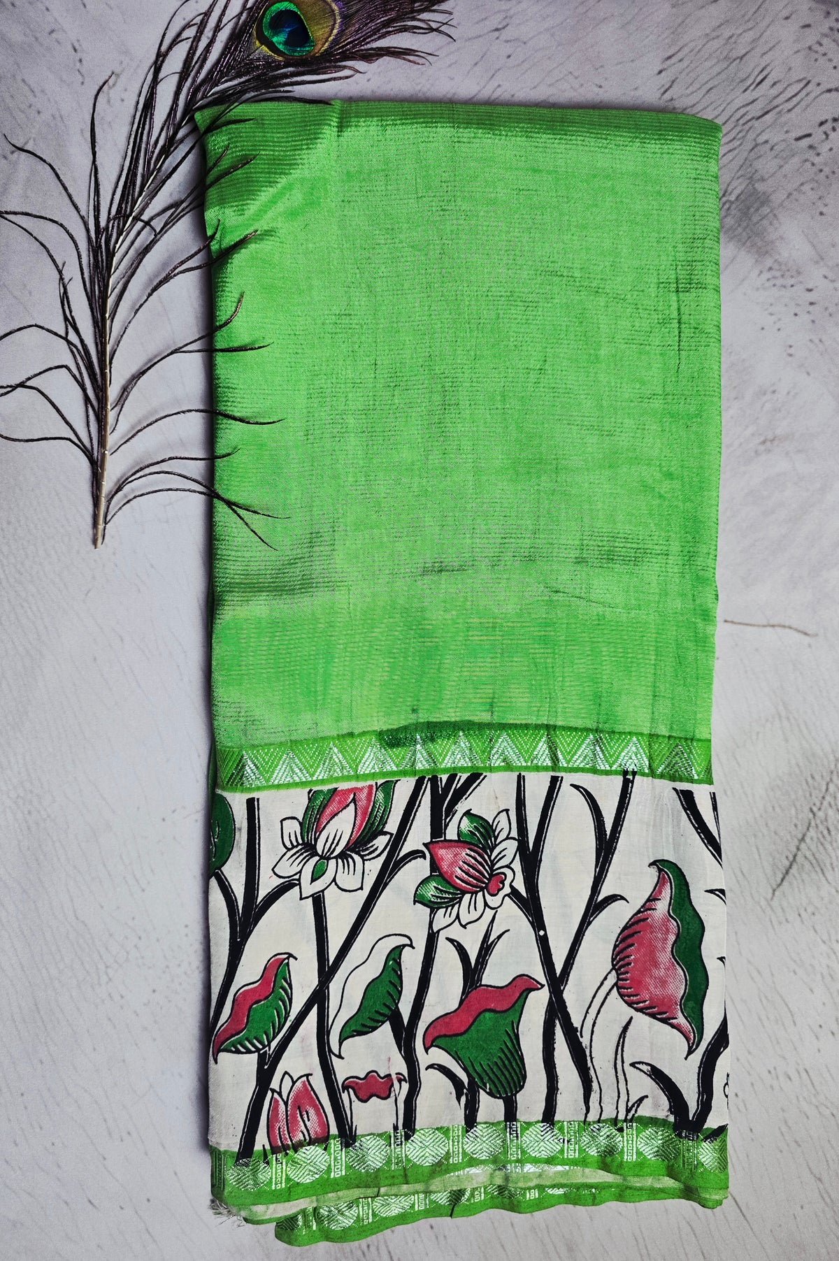 Parrot Green Mangalagiri Silk Kalamkari Saree with Pink Floral Vines & Green Zari Border