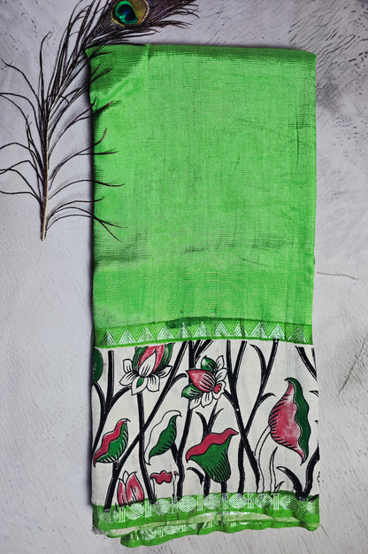 Parrot Green Mangalagiri Silk Kalamkari Saree with Pink Floral Vines & Green Zari Border
