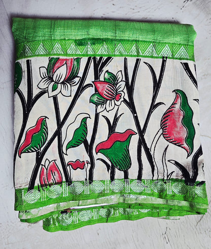 Parrot Green Mangalagiri Silk Kalamkari Saree with Pink Floral Vines & Green Zari Border