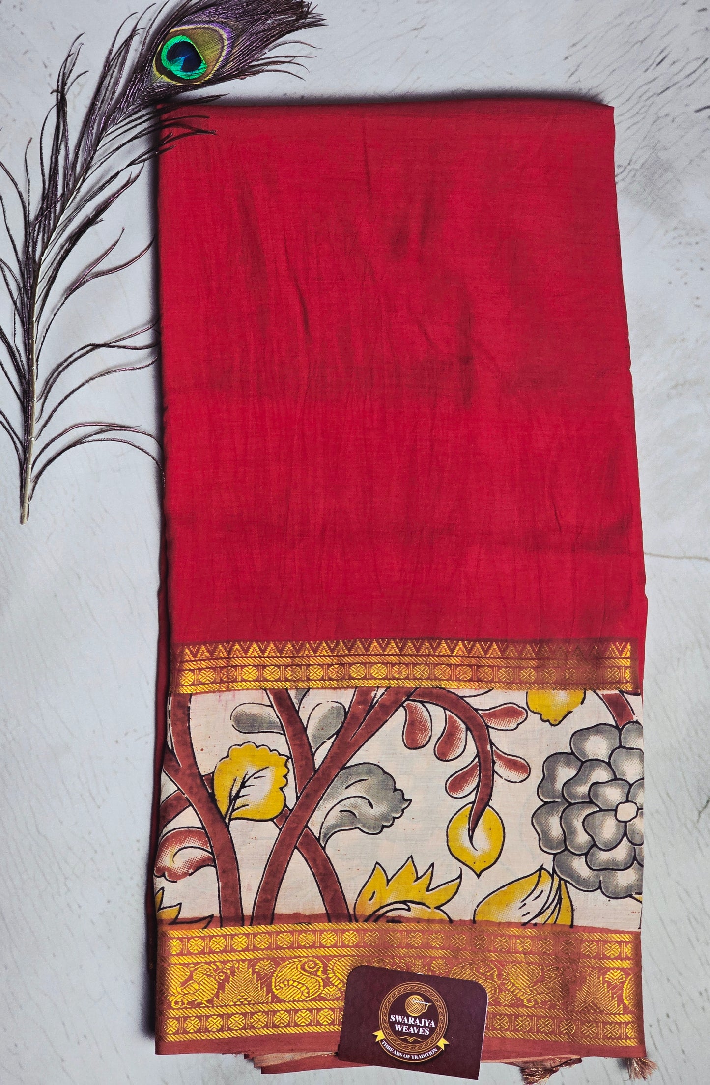 Vermilion Red Mangalagiri Silk Kalamkari Saree with Mustard Floral Vines & Antique Gold Zari Border